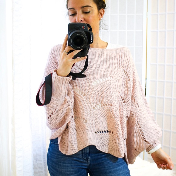 Mauve Dolman Sleeve Eyelet Scallop Sweater - Picture 5 of 8